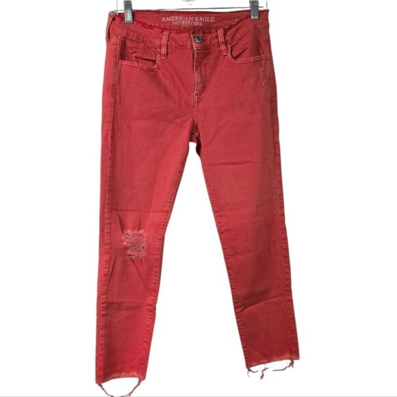 American Eagle Jegging Crop AEO Twill Jeans Mid-Rise Red Denim Raw Edge Women's - Picture 1 of 10